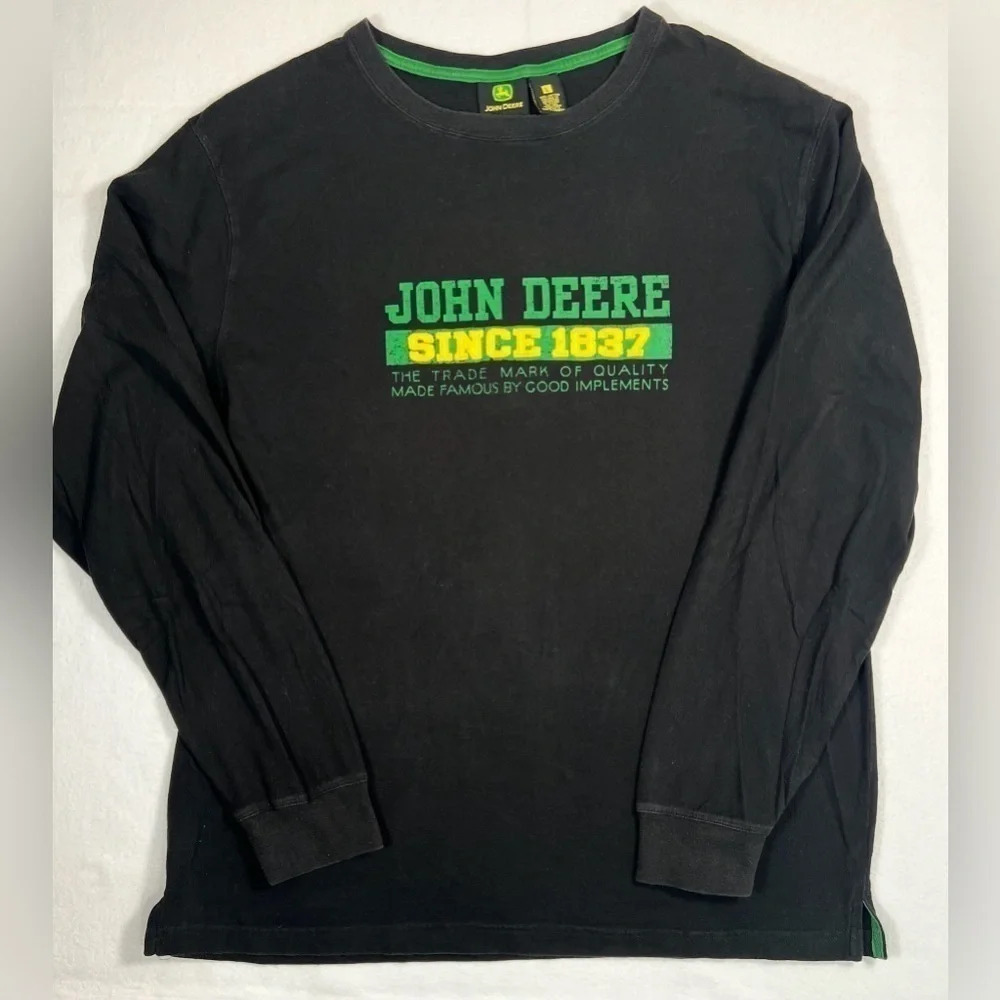 JOHN DEERE Men’s Long Sleeve Logo Embroidered Black Tee Shirt Farm Tractor Large